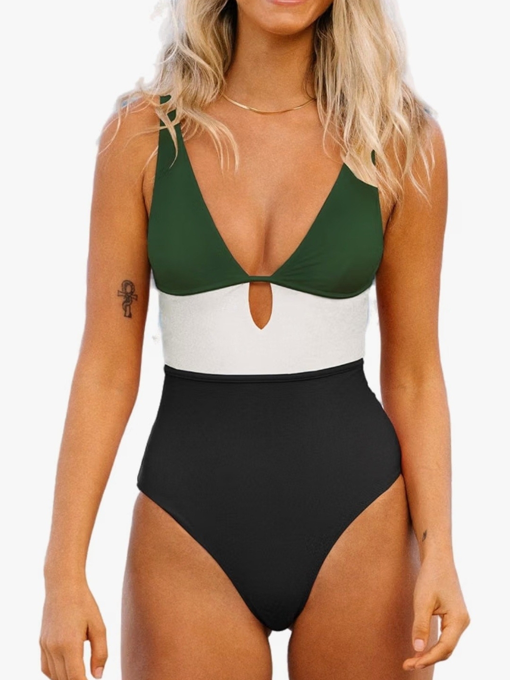 Colorblock V-Neck One-Piece Swimsuit in Green, White & Black